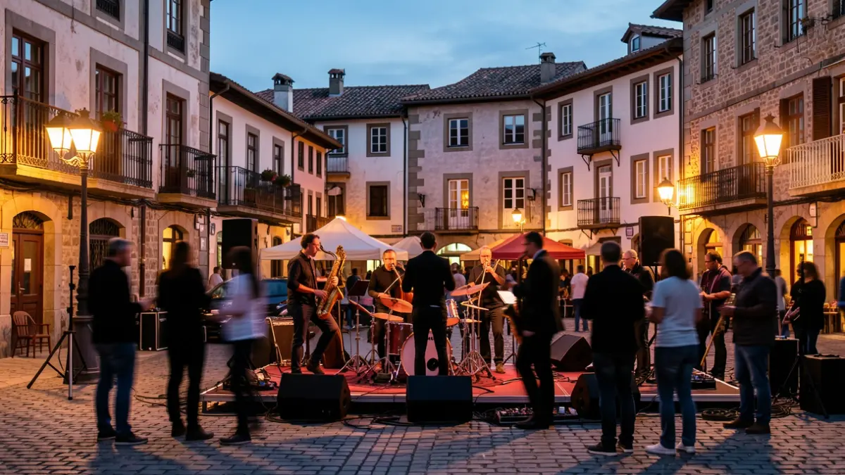 Imagen genérica de un festival de jazz en una plaza del País Vasco al atardecer, destacando músicos y arquitectura.
