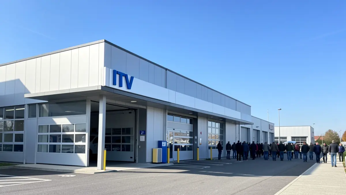 Imagen genérica: Exterior de un centro moderno de Inspección Técnica de Vehículos (ITV) bajo un cielo azul claro.