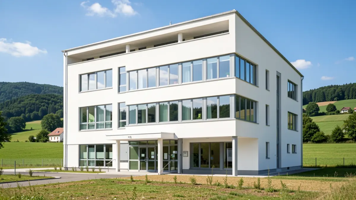 Generic image: Exterior of a modern, three-story health center with large windows in a green setting.