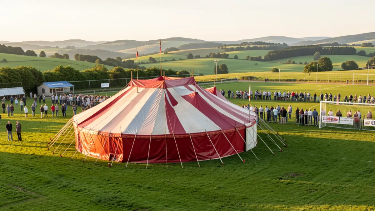 Carpa de circo instalada junto al campo de fútbol de Mendibeltz.