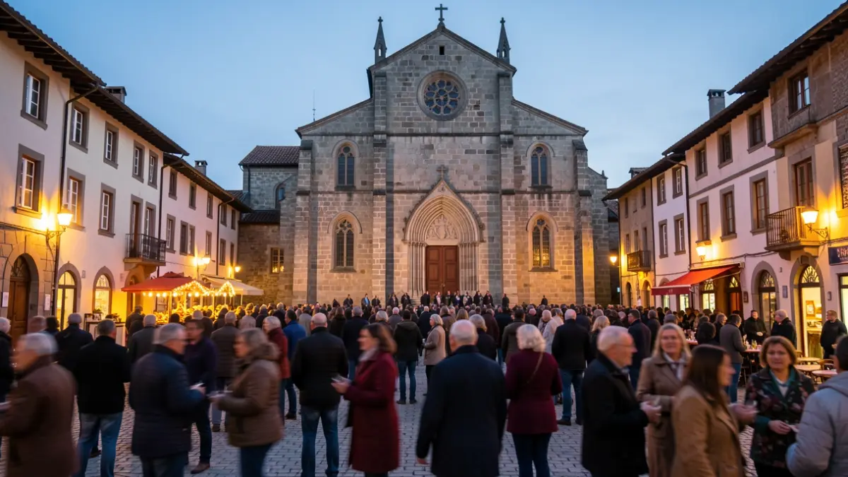 Generic image of a town square at dusk with a church in the background.