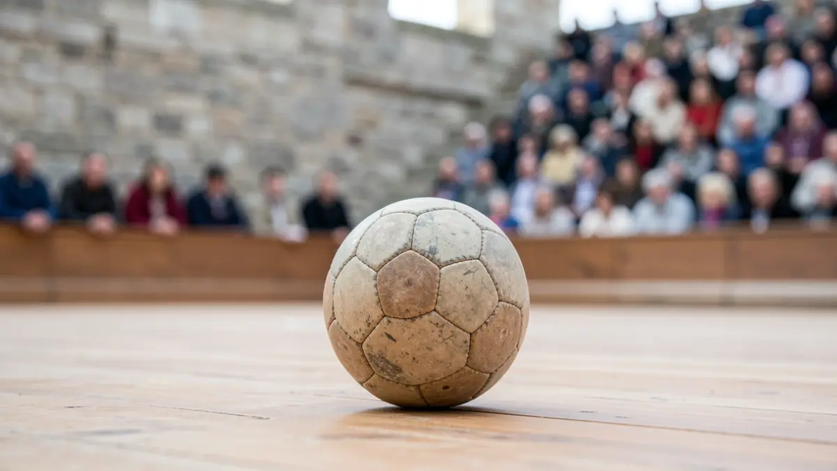 Una pelota de pelota vasca sobre el suelo de madera de un frontón.