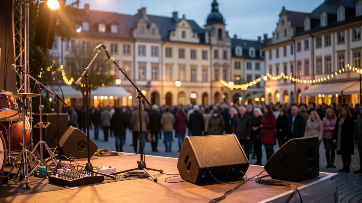 Generic image: concert stage in a town square with festive lighting.
