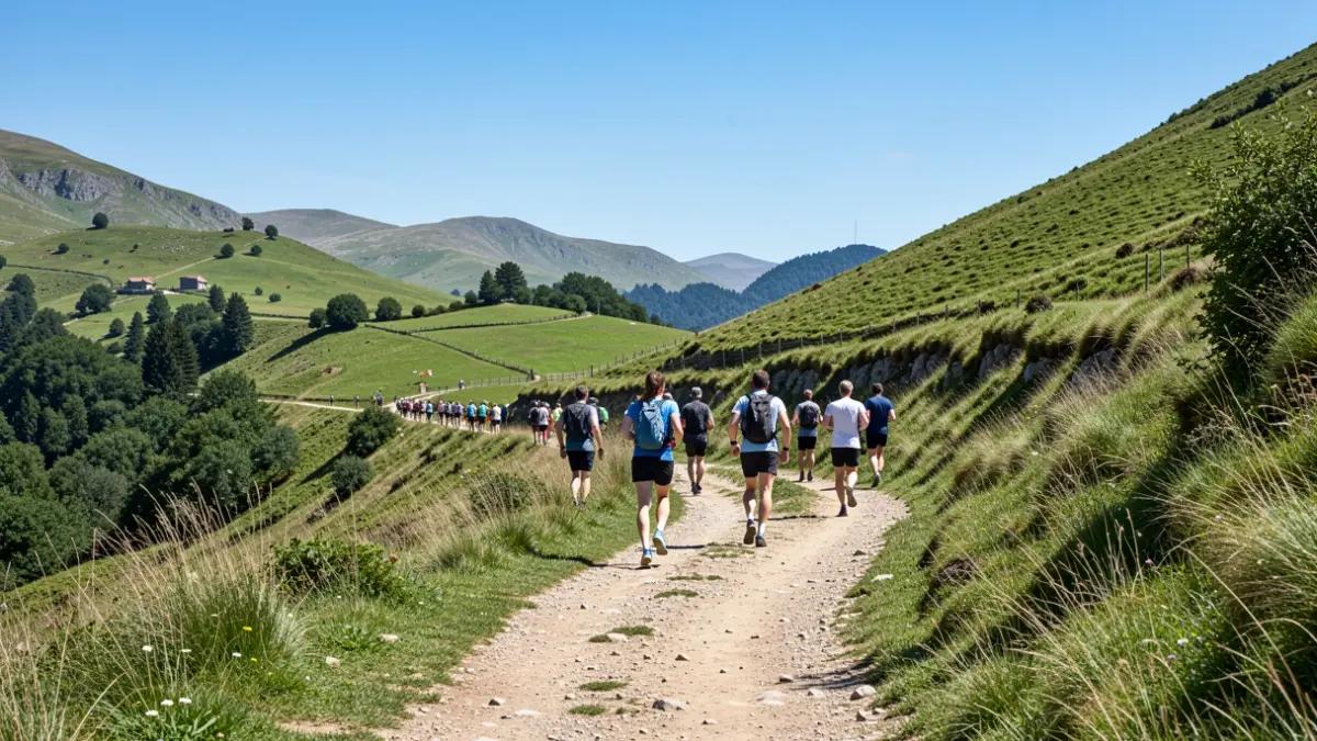 Mountain landscape in the Basque Country, with blurred runners in the distance.