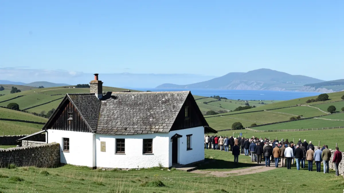 A traditional Basque farmhouse with white walls and dark wood, set against a backdrop of green rolling hills and a glimpse of the Cantabrian coast, under a clear blue sky.