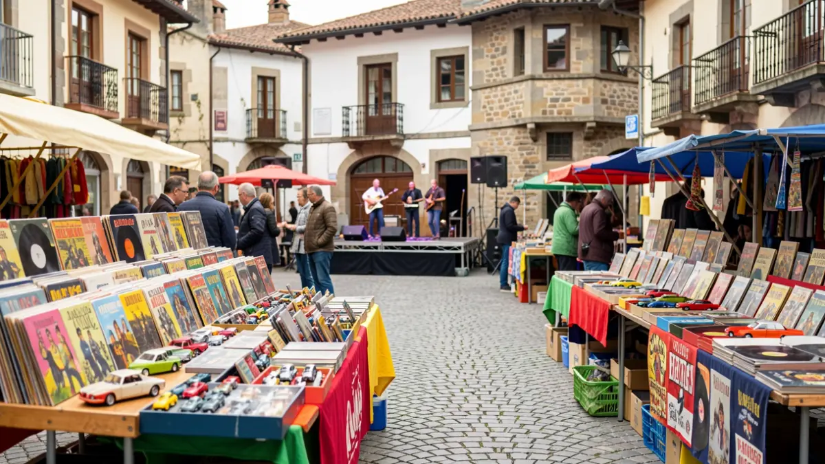 Generic image of a street scene featuring a collector's fair and a street performance.