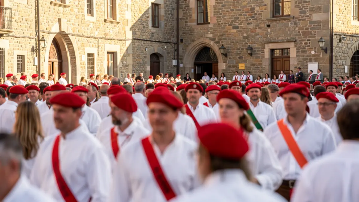 Imagen general del Alarde de San Marcial en Irun, con participantes vistiendo la indumentaria tradicional.