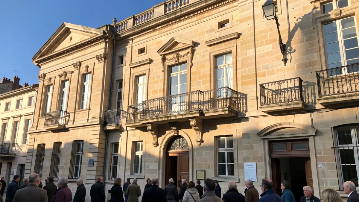 Generic image of the Irun City Hall, a stone building with a balcony and iron railings, in warm afternoon light.