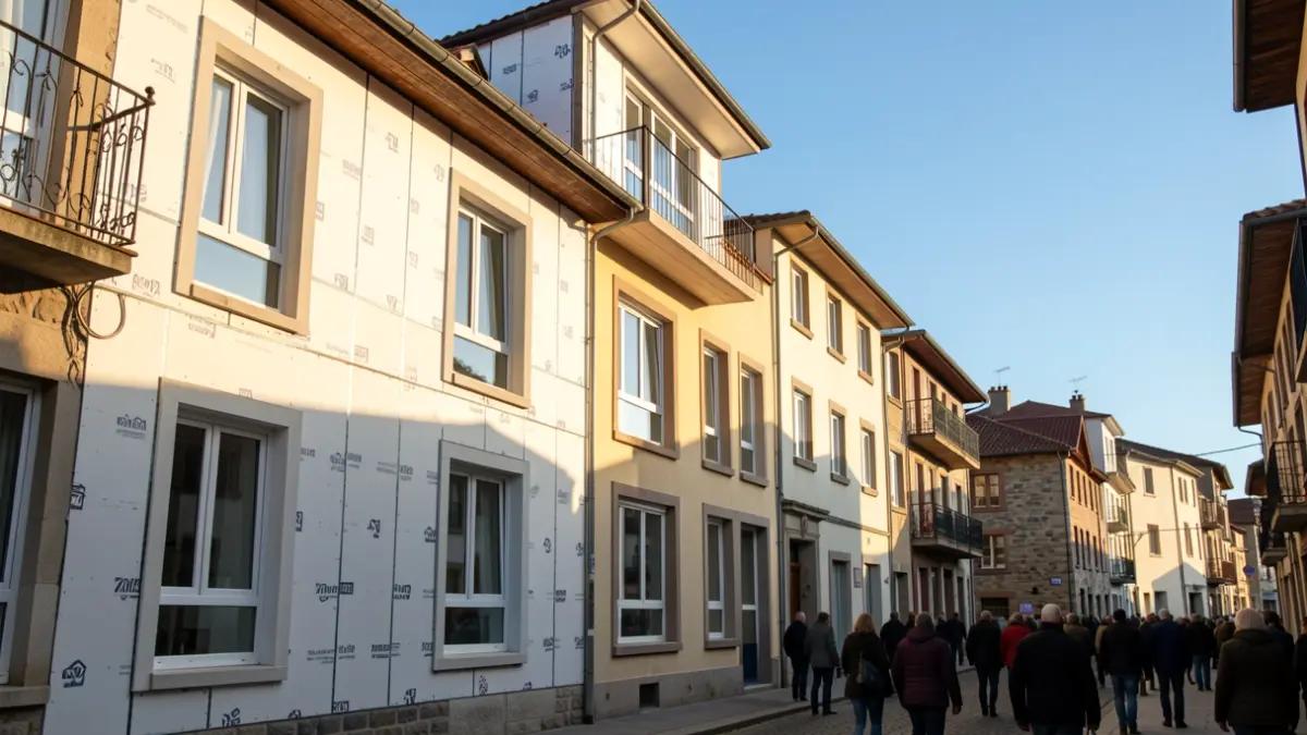Renovated residential building facade with thermal insulation and new windows.