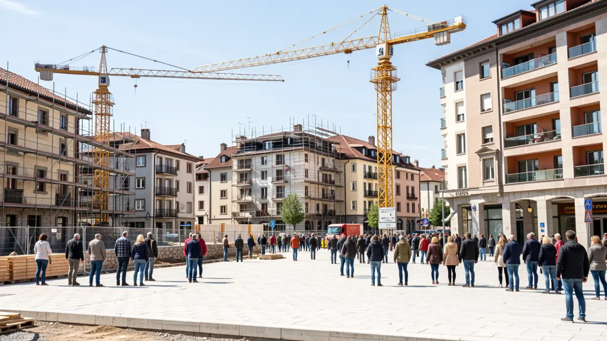 Eraikitzen ari diren etxebizitza berriak eta plaza publikoa erakusten duen irudia.