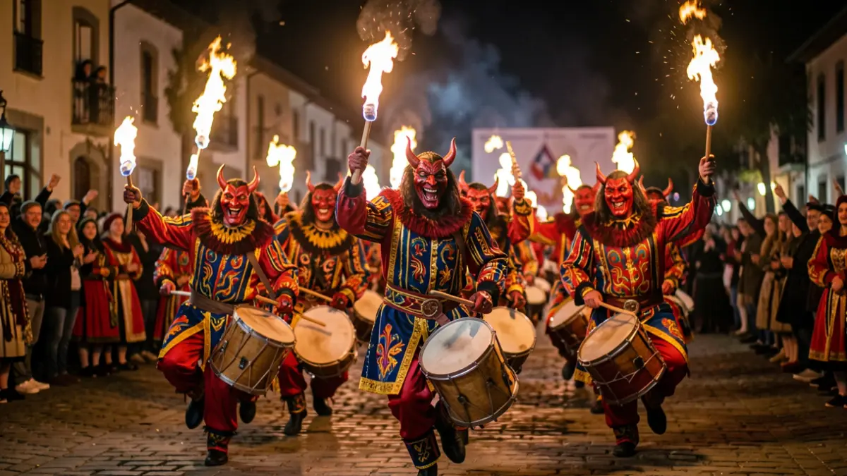 Generic image. Catalan 'Ball de Diables' (Dance of Devils) performance with fire effects and percussion, vibrant costumes, in a night setting with blurred onlookers.