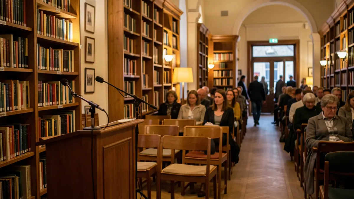 Generic image of a library interior with wooden bookshelves and a cozy atmosphere.