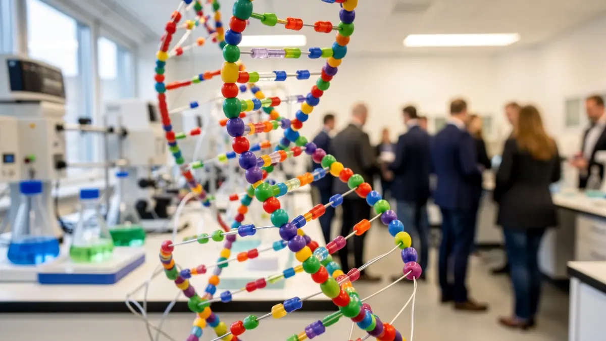Generic image of a DNA double helix model, with a blurred background of a modern laboratory.