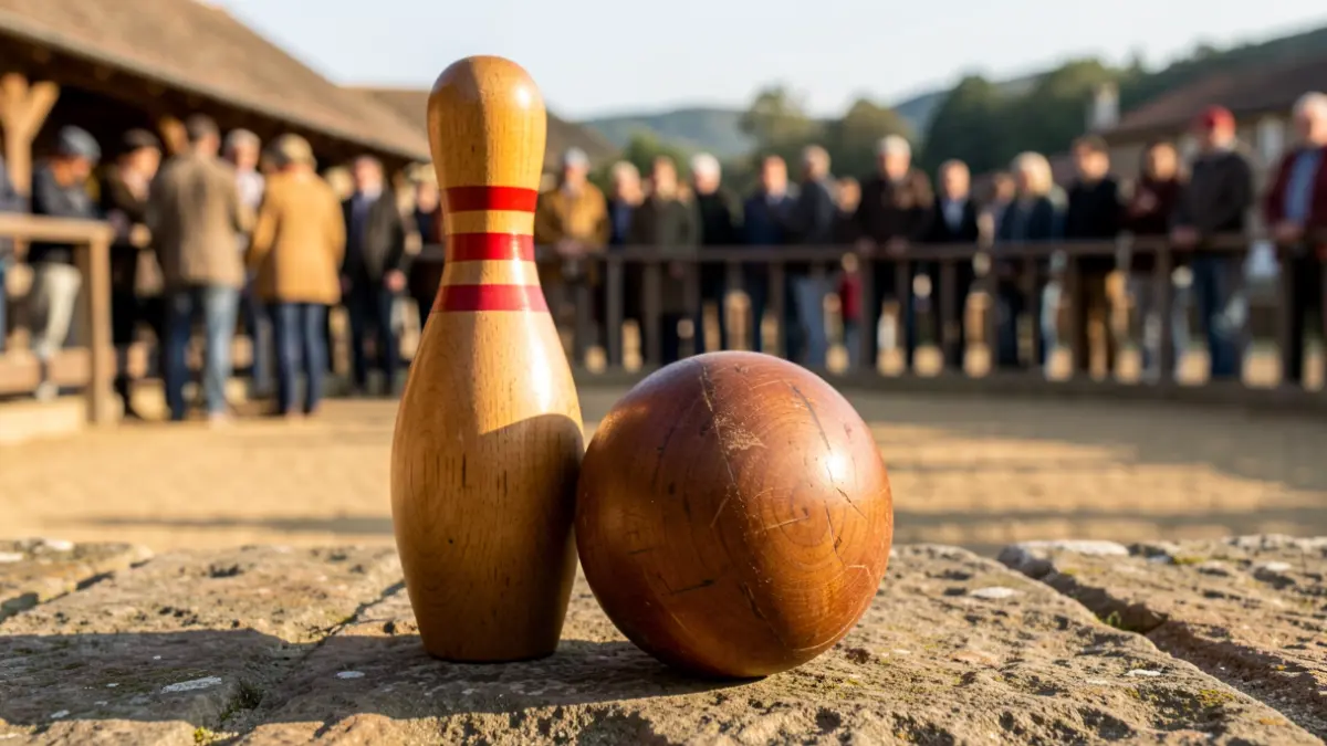 Bolas y bolos de madera utilizados en el juego tradicional junto a un frontón.