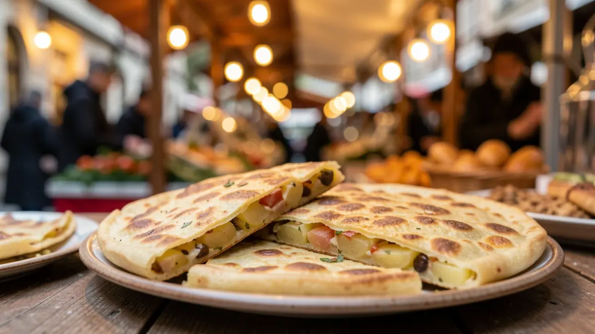 Close-up of a homemade potato tortilla, arranged on a platter, with a blurred background suggesting a solidarity market stall.