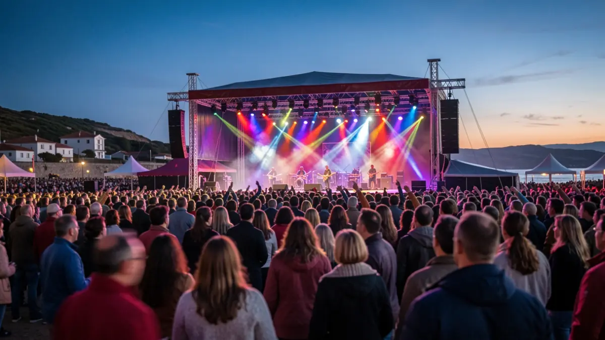 Imagen genérica: Un festival de música al atardecer en el malecón de Zarautz, con luces de colores y público difuminado.