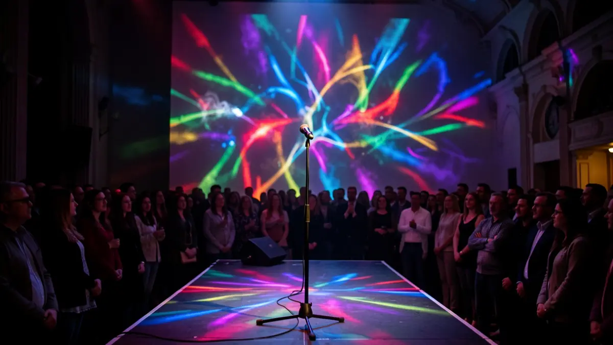 Ilustración genérica: escenario iluminado con un micrófono, con luces abstractas que sugieren una fusión de rap y magia.