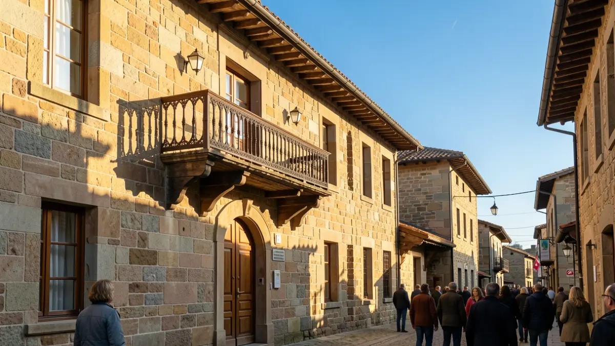 Sunny facade of the Mallabia town hall in a festive atmosphere.