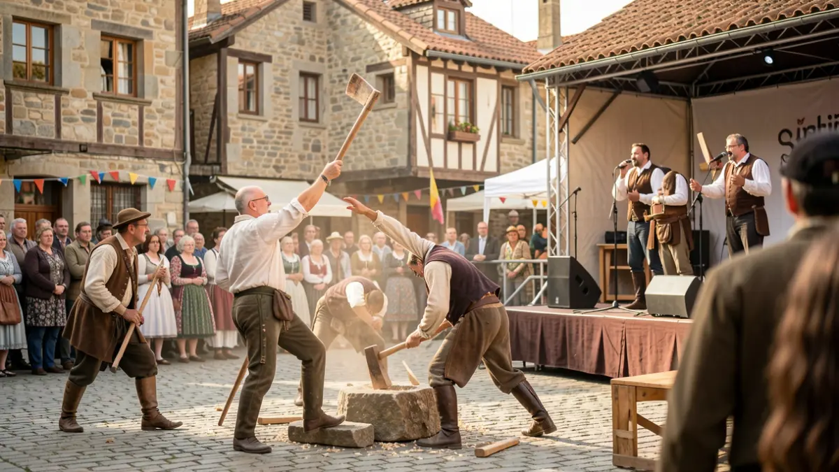 Generic image depicting rural sports and bertsolaris at the Martindegi San Fermín festival.
