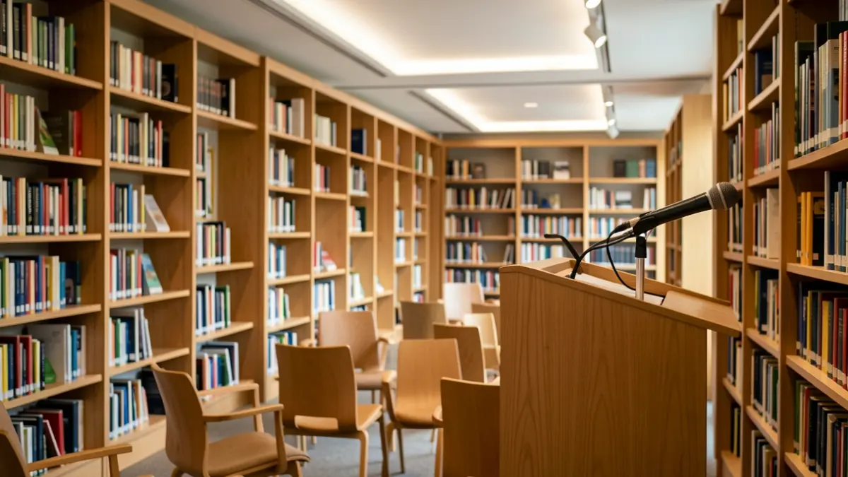 Interior of a modern university library in Euskadi, with rows of books on wooden shelves, a microphone on a podium, and empty chairs, soft ambient lighting creating a cozy reading atmosphere. No text or logos visible.