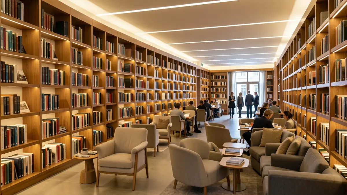 Interior of a modern library with rows of bookshelves, soft ambient lighting, and comfortable seating areas.