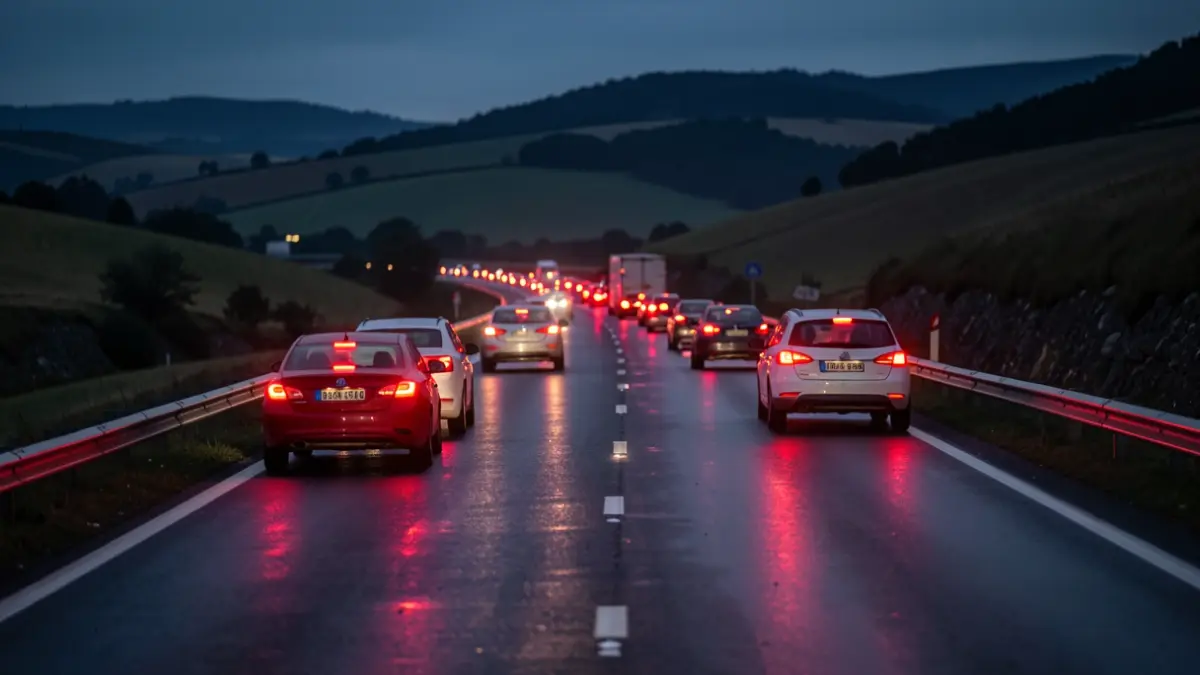 Una congestión de tráfico en una carretera al atardecer, con luces traseras rojas extendiéndose a lo lejos.