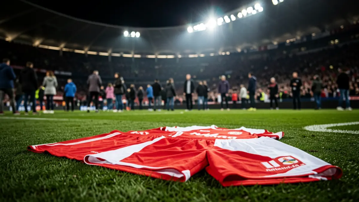 Imagen genérica: Camiseta y pantalón del Athletic Club rojo y blanco sobre el césped de San Mamés, con las luces del estadio desenfocadas.