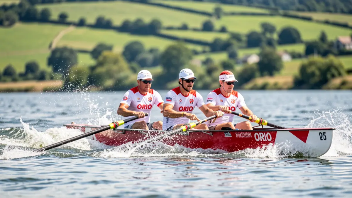 Orio rowing team boat with green Basque Country hills in the background.