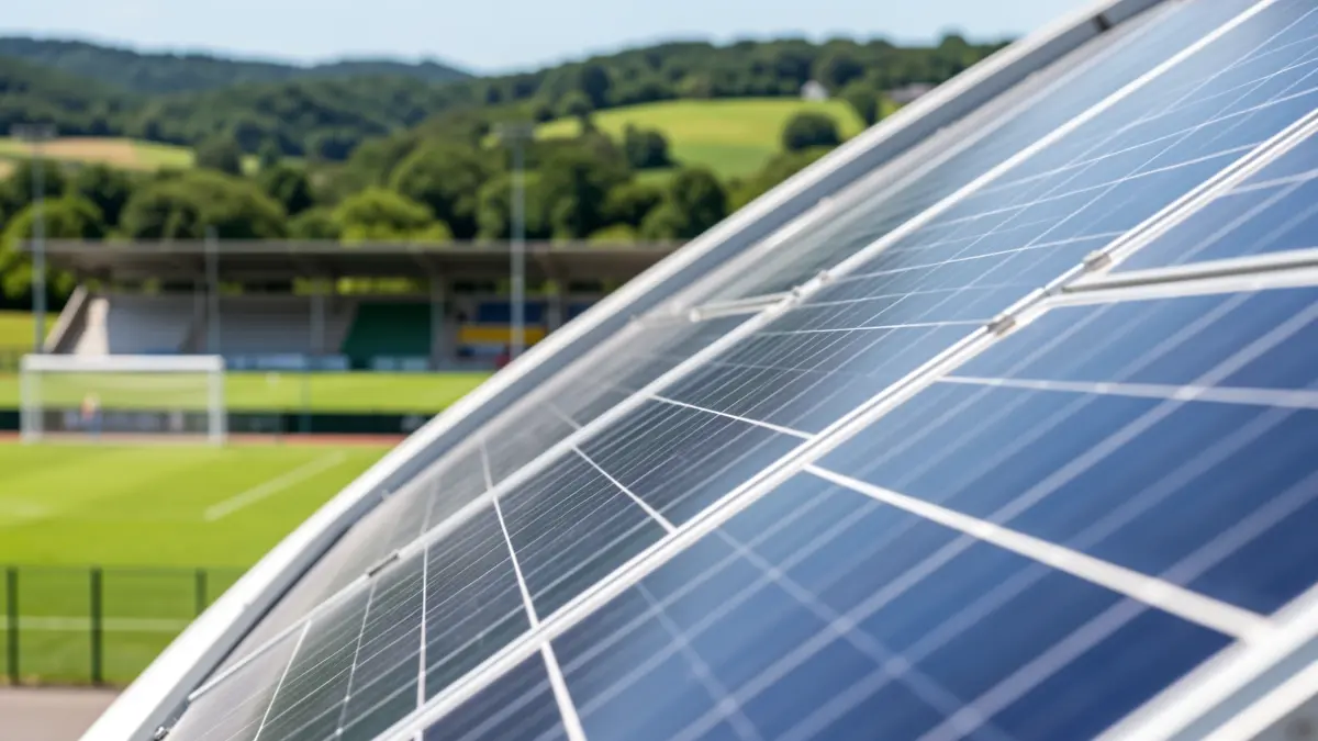 Primer plano de paneles solares instalados en un tejado curvo, con un fondo difuminado de una instalación deportiva y colinas verdes típicas del País Vasco. Luz diurna brillante, tema de energía limpia.