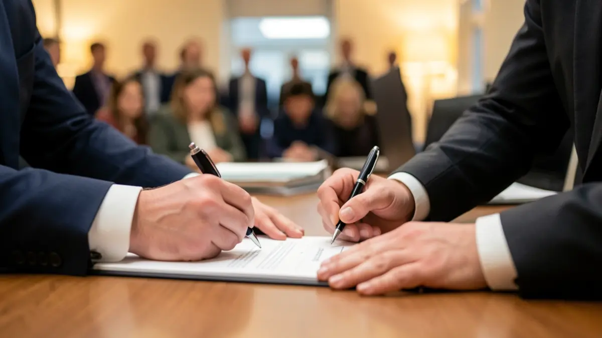 Dos personas firmando un documento en un entorno de oficina profesional.