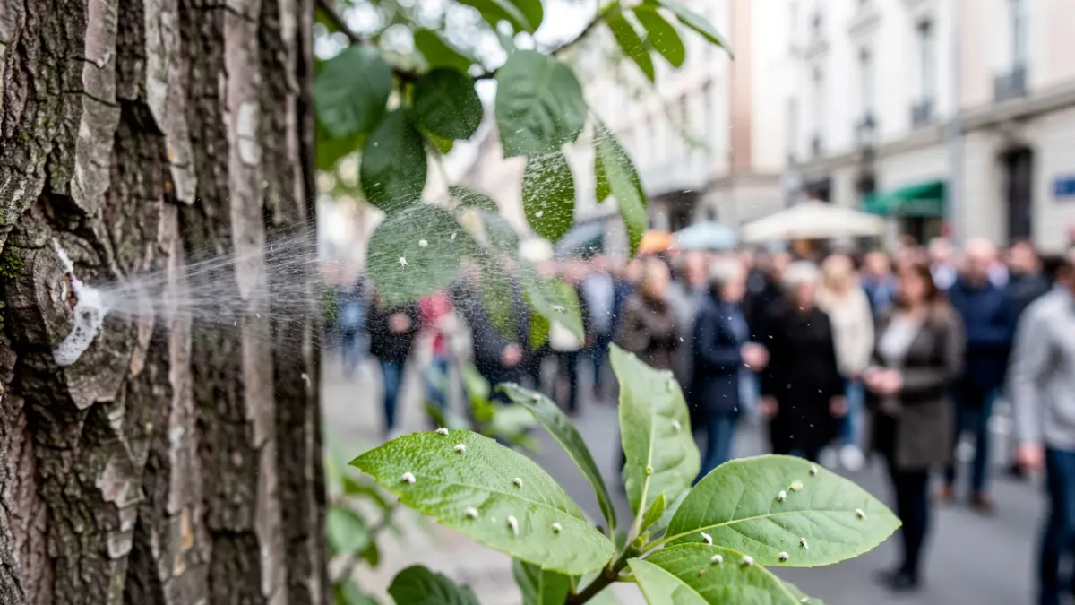 Primer plano de hojas verdes con pequeños insectos blancos, tratadas con un ligero spray jabonoso, sobre un fondo borroso de corteza de árbol y elementos urbanos.