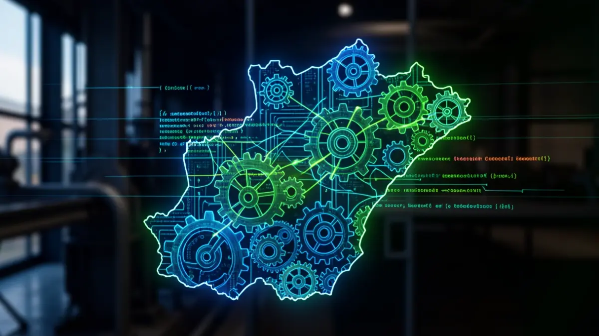 Generic image: Abstract representation of industry and digital transformation with a Basque Country silhouette.