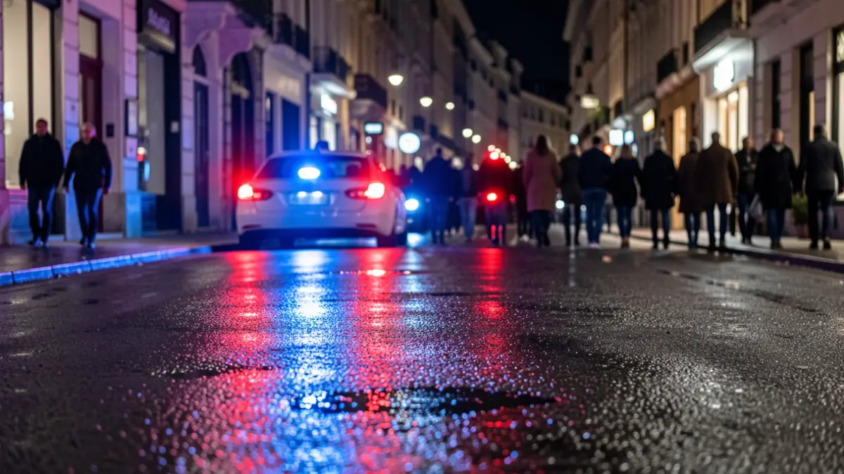 Emergency lights on a street at night.