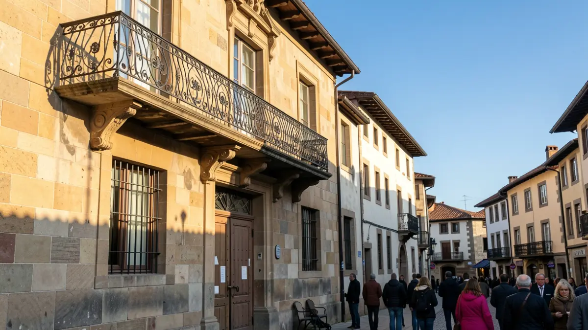 Traditional town hall facade with a balcony and iron elements.