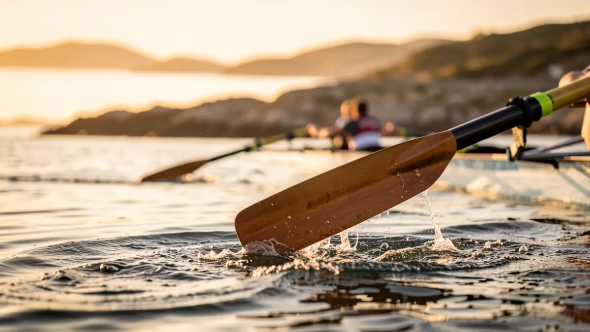 Competition rowing oar cutting through the water during a regatta.