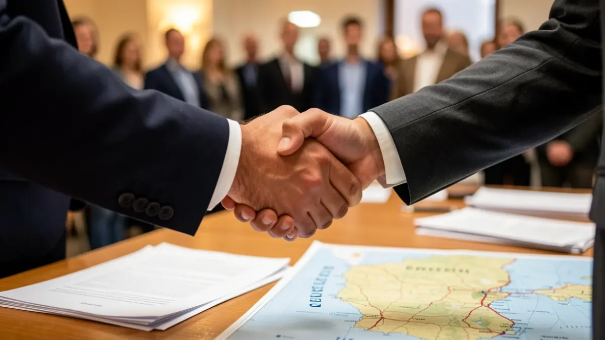 Irudi generikoa honako honentzat: bi eskuren arteko eskua ematea mahaian, dokumentuekin eta Gipuzkoako mapa batekin.