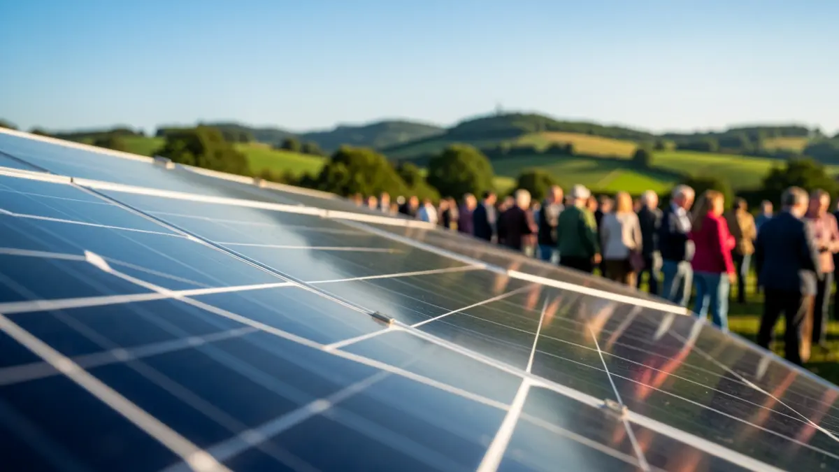 Solar panels reflecting a blue sky, with blurred green hills of the Basque Country in the background.