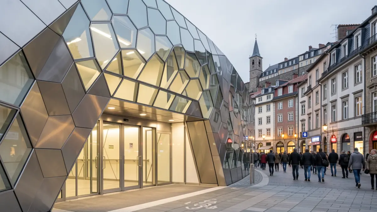 Generic image of an architectural entrance with a distinctive glass structure.