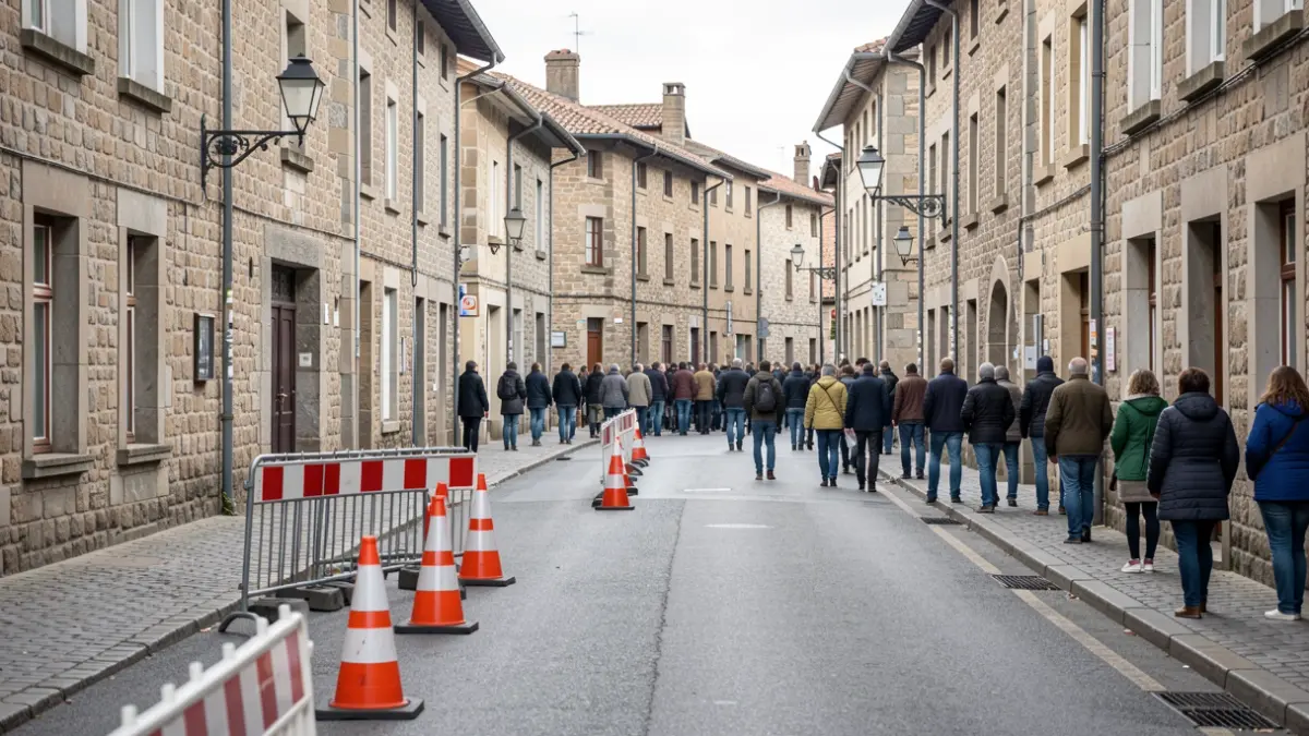 Obra-lanak direla eta, trafikoa bideratzeko seinaleak eta hesiak kale batean.