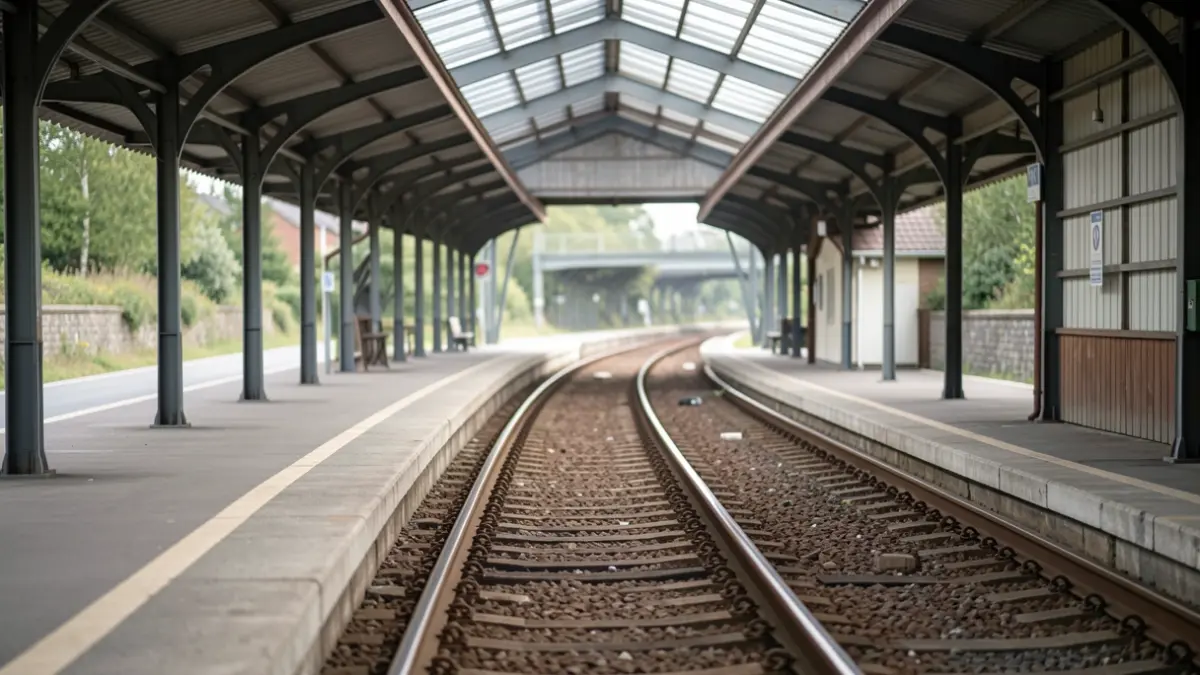 Empty train station with tracks fading into the distance.
