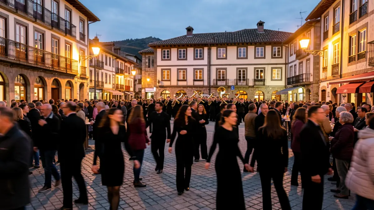 Imagen genérica: Ambiente festivo vespertino en una plaza de pueblo vasco, con gente y música.