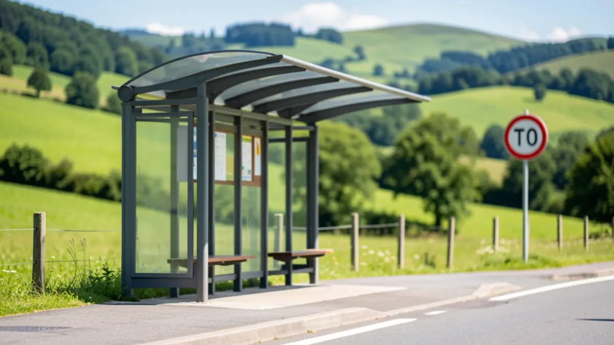 Autobus geraleku bat Euskal Herriko errepide batean, atzealdean muino berdeak eta desbideratze bat adierazten duen seinale lauso bat dituena. Giroa argia eta eguzkitsua da, udako egun bat iradokiz.