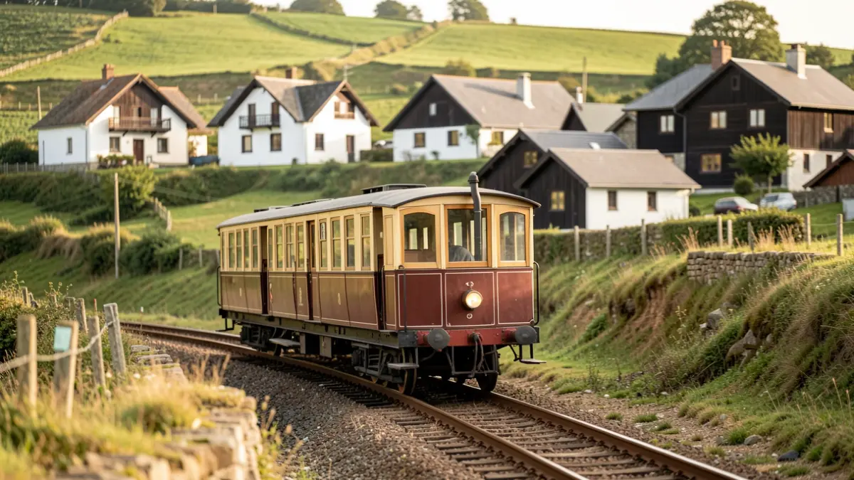 Generic image of a historic train in a Basque Country landscape.