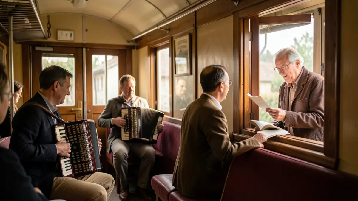 Tren bagoiaren barrualdea, musikariak eta olerkaria.