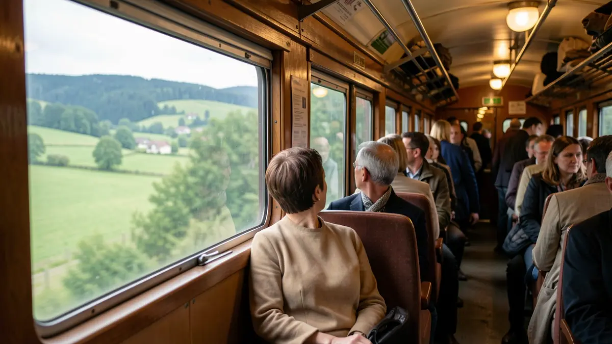 Interior del tren Urola con el paisaje vasco borroso a través de la ventana.