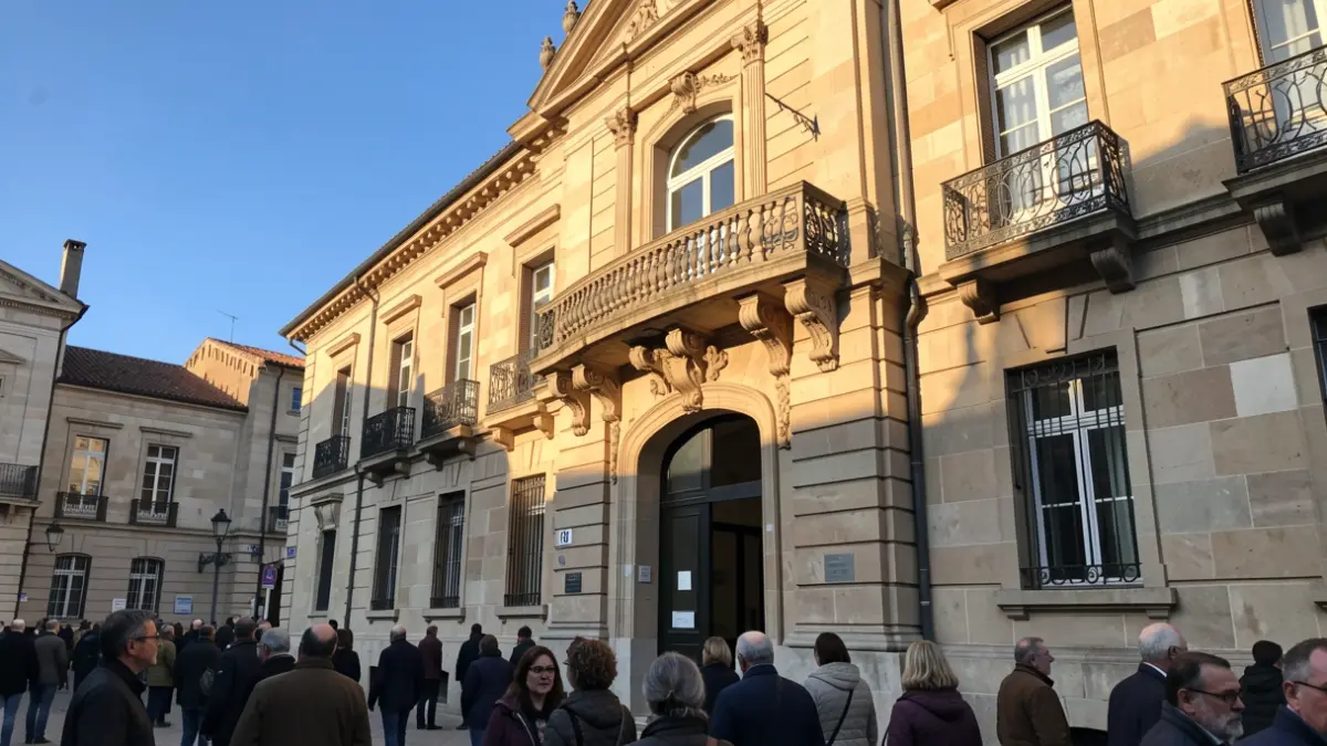 Generic image of a Euskadi town hall's stone facade with balcony and iron railings, afternoon sunlight casting shadows.