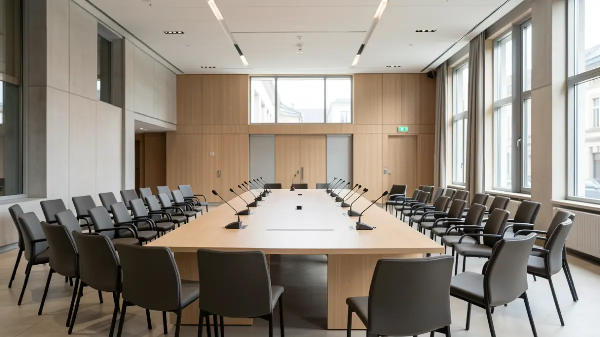 Interior de una sala de plenos municipal, con sillas vacías dispuestas alrededor de una mesa.