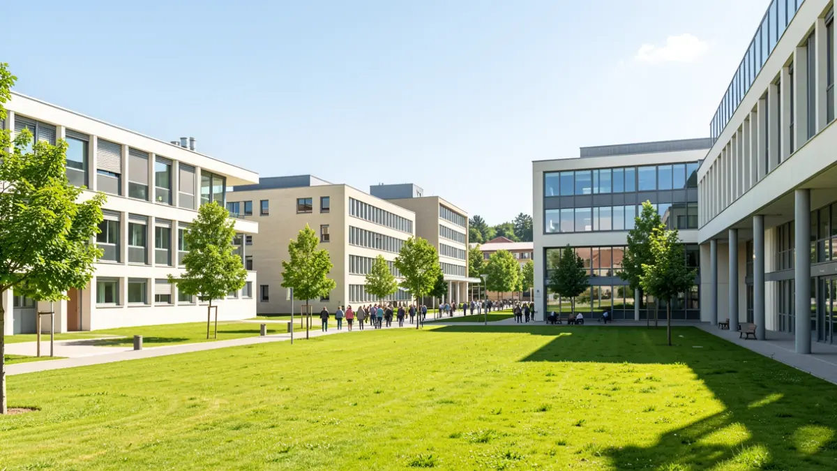 Unibertsitate campuseko argazki orokorra, arkitektura garaikidea eta espazio berdeak dituena.