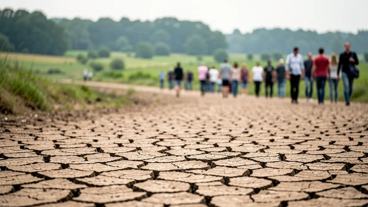 Imagen del lecho seco del río Errobi, afectado por la sequía, con tierra seca y un paisaje borroso al fondo.