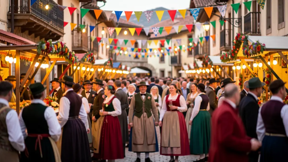 Generic image of a festive Basque town square, with colorful decorations and blurred figures of people.